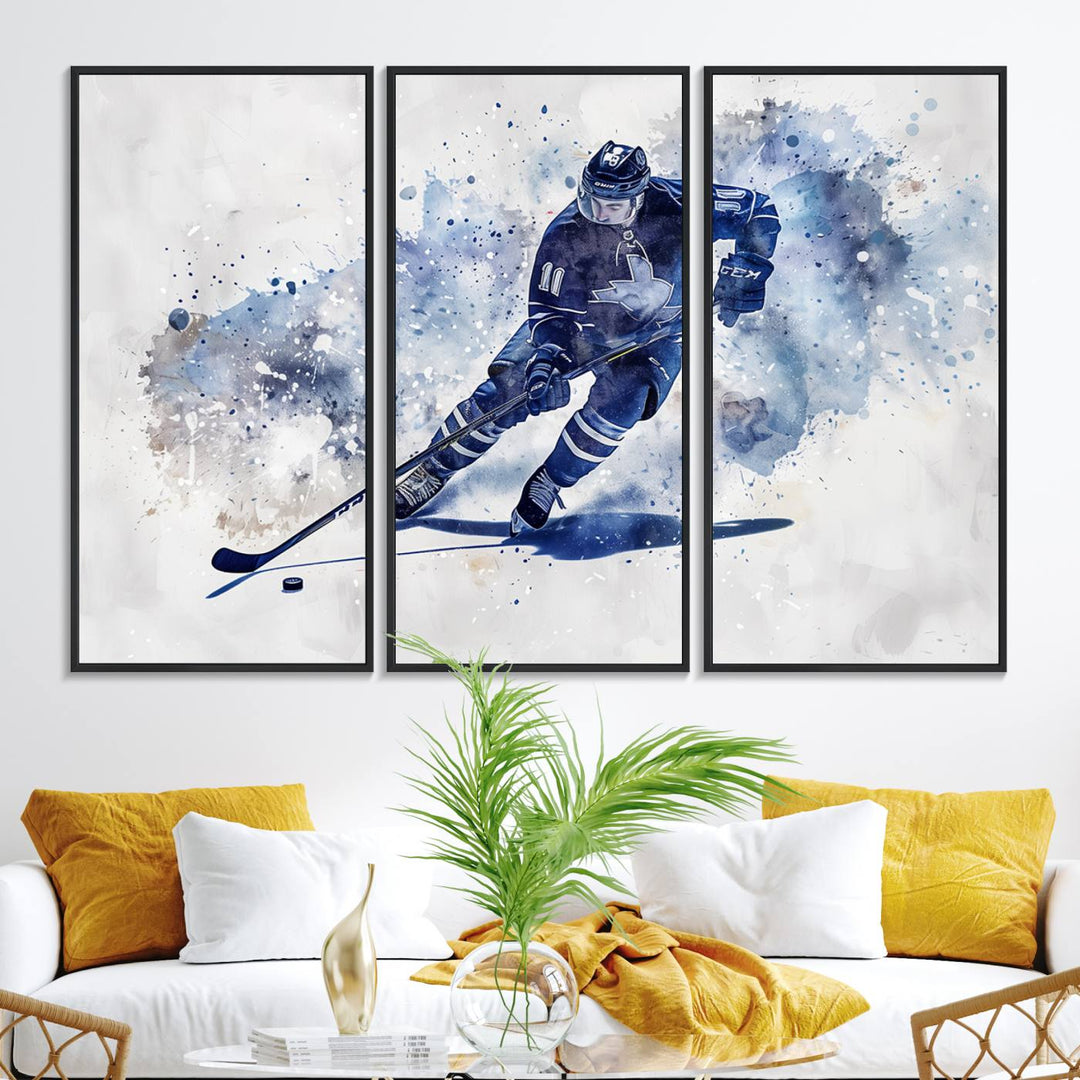 Vibrant Hockey Player Wall Art Display: Blue watercolor print.