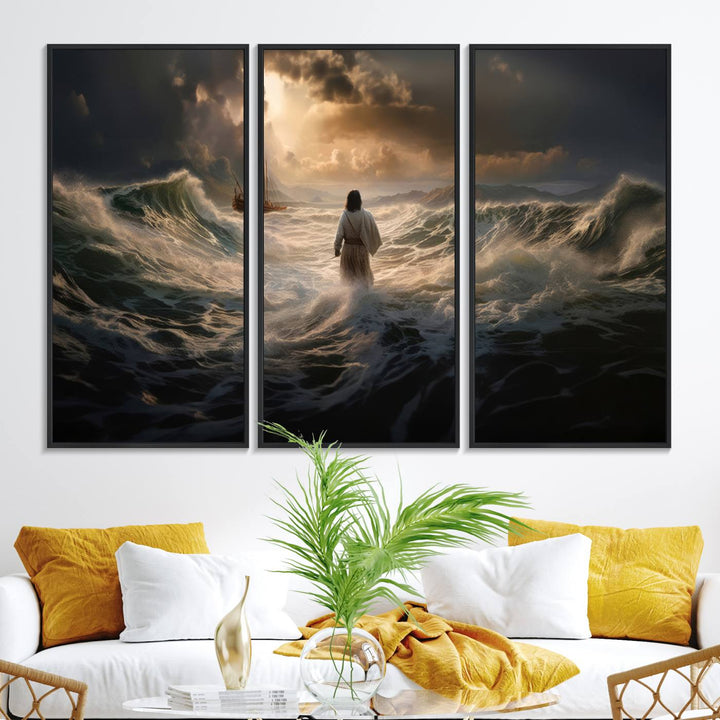 The wall art canvas print depicts a person in white striding on stormy ocean waves towards a sailboat under dramatic skies.