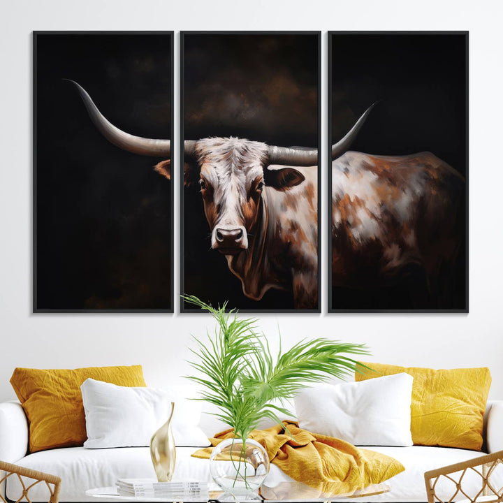 A modern kitchen featuring a Texas Longhorn Wall Art Canvas Print.