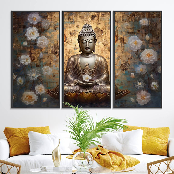 Golden Buddha wall art canvas print on a warm backdrop.