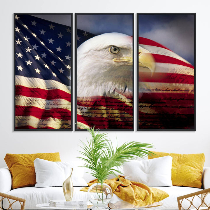 On the wall is an American Flag Eagle Symbol Wall Art Canvas Print.