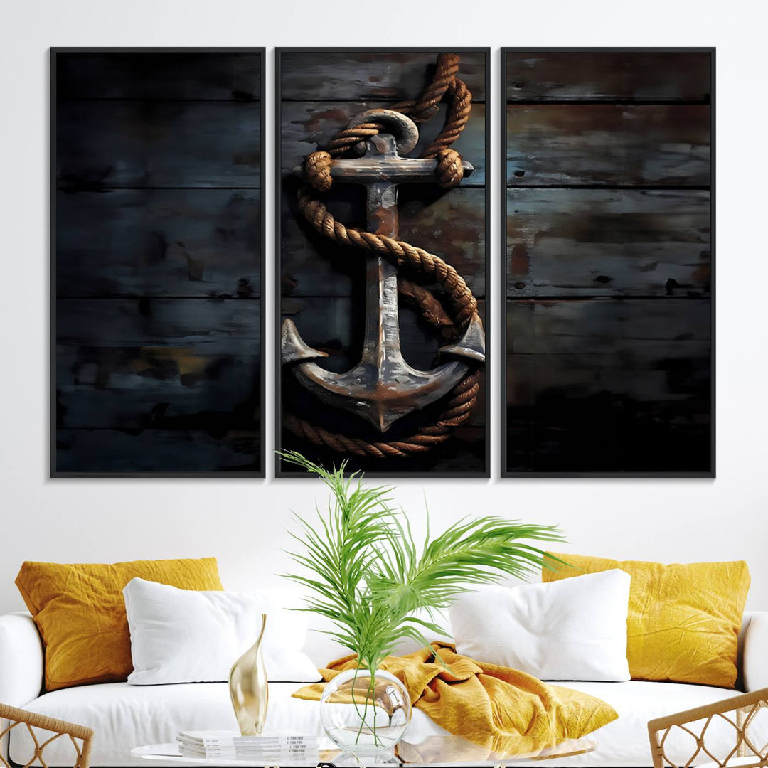 The wooden wall displays a 3 Panel Grunge Abstract Anchor Wall Art Canvas Print Set.