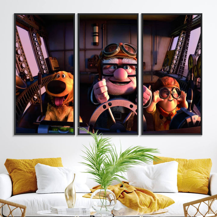 A man, boy, and dog flying a plane are depicted in the Carl Russel & Dog Movie Up wall art.