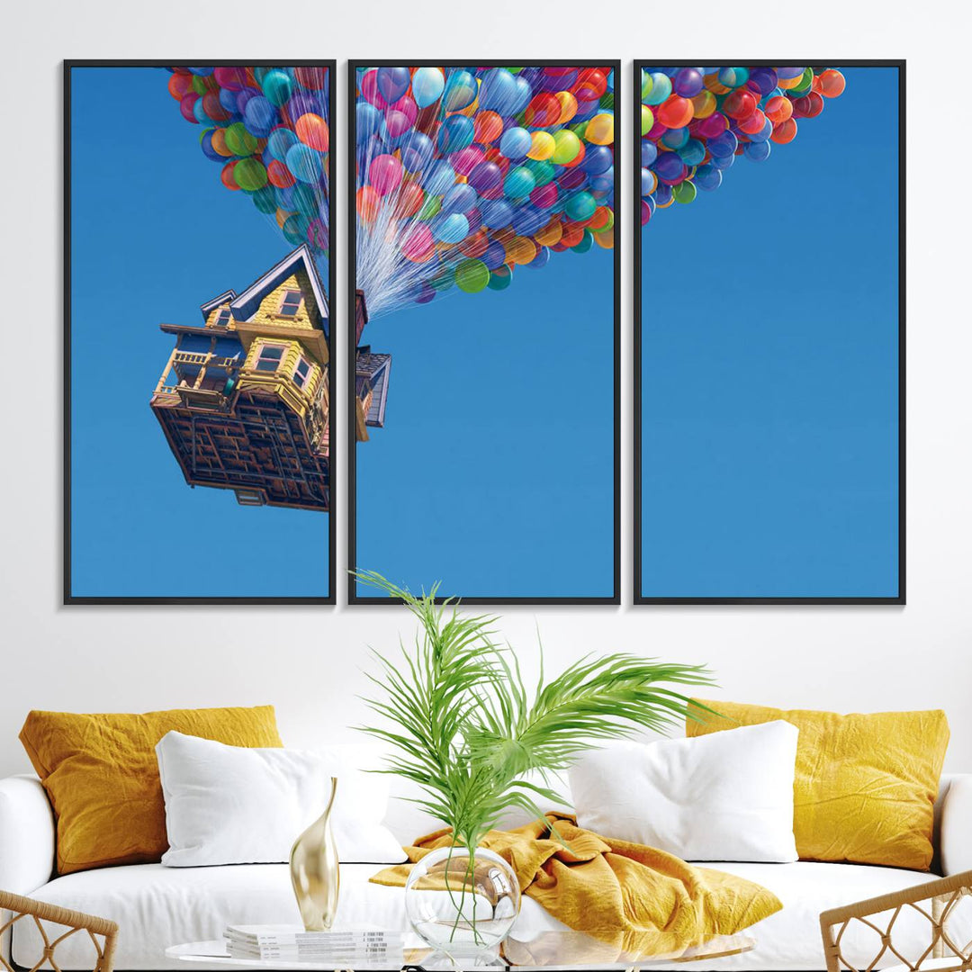 The Up house floats skyward, making it an ideal Carl Fredricksen wall art for kids rooms.