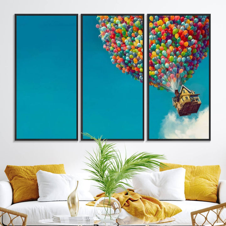 The Carl Fredricksen Up Movie Wall Art, featuring a colorful balloon house, adds vibrant decor to the space.