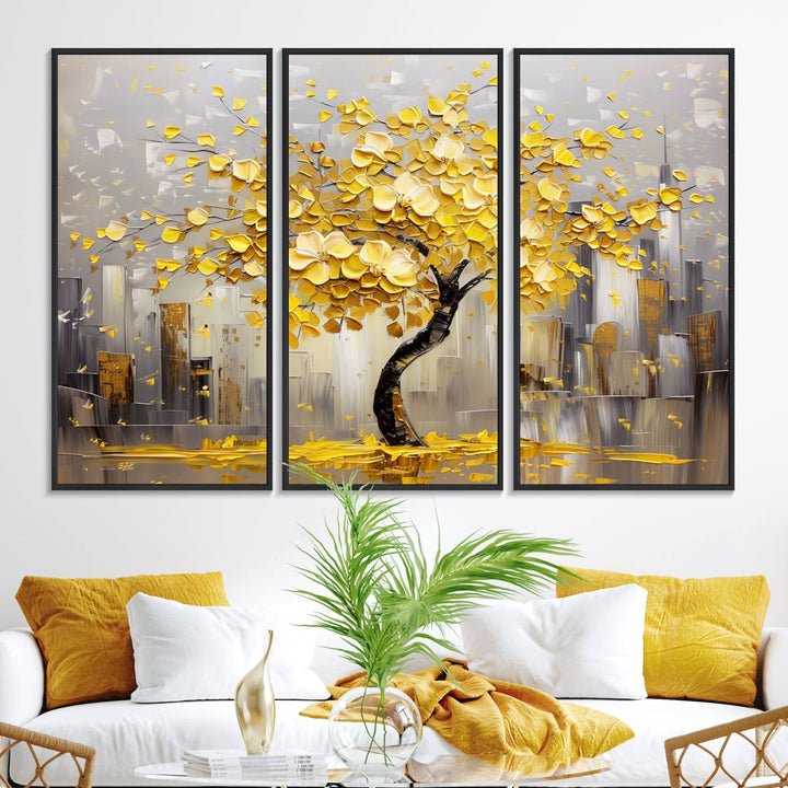 Golden Tree Canvas Print: Abstract wall art featuring golden leaves over a cityscape, ideal for modern homes. Ready to hang.