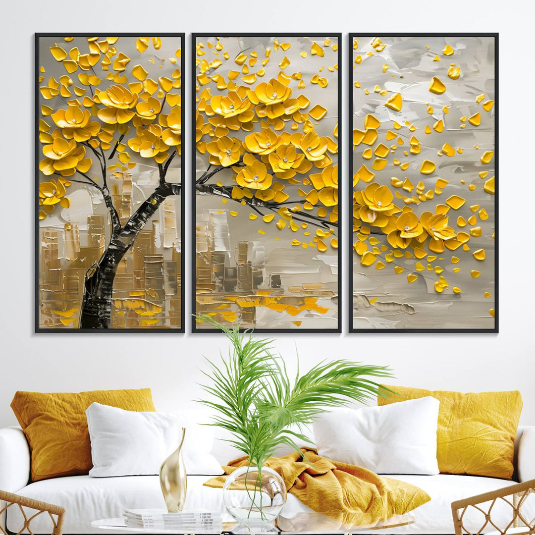 The living room showcases a Yellow Blossom Tree Canvas Wall Art, modern and floral.