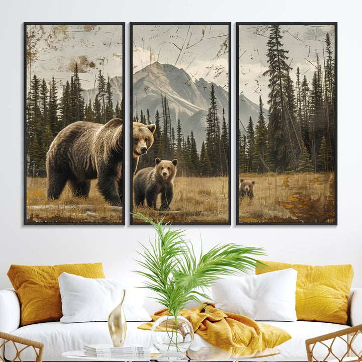 Rustic Grizzly 399: Bear Family Wall Art Canvas Print.