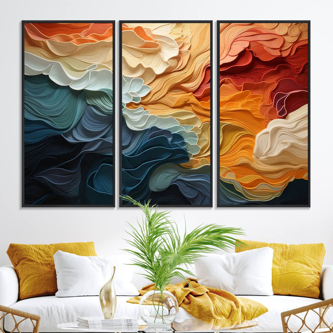 Blue Orange Abstract Wave Wall Art Canvas Print.