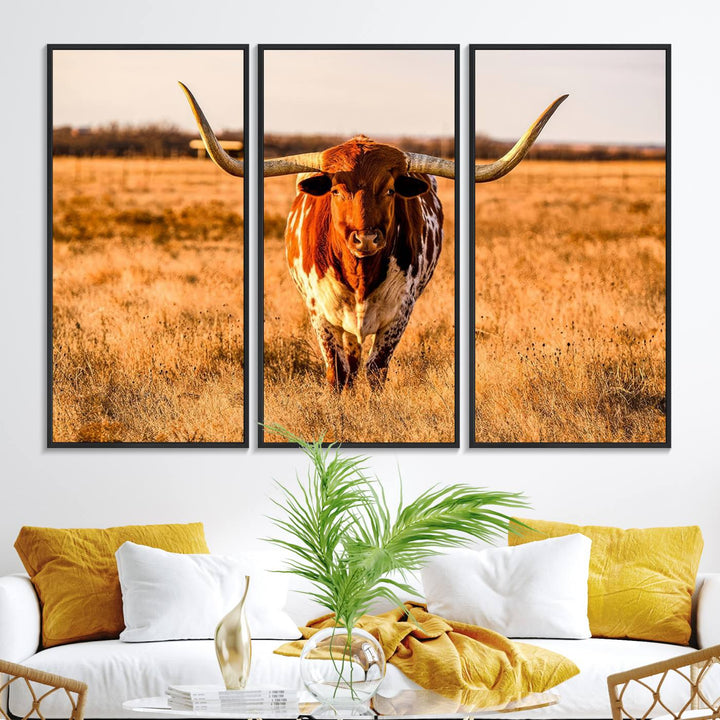 The Longhorn Cow Wall Art framed canvas brings rustic charm and farmhouse decor with its warm field scene.