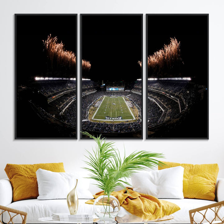 Eagles Stadium Wall Art depicting a nighttime game and fireworks at Lincoln Financial Field.