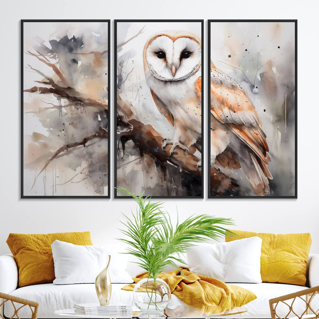 The Barn Owl Wall Art watercolor canvas adds a rustic twist to farmhouse decor.