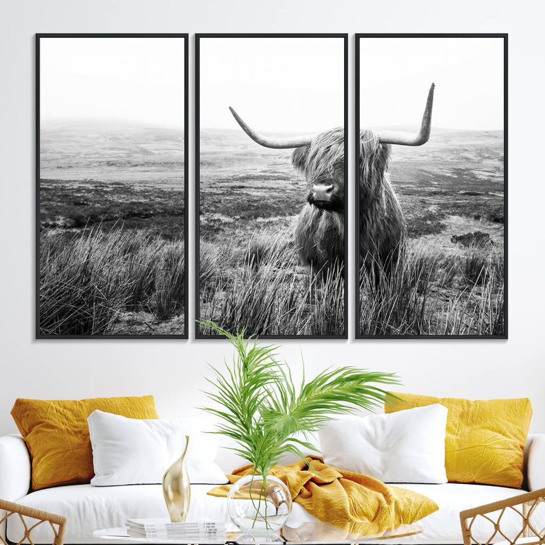 The Scottish Highland Cow black and white canvas print adds rustic farmhouse charm to any wall.