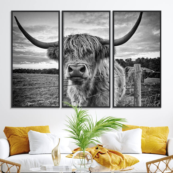 The Scottish Highland Cow Wall Art Canvas Print is ready to hang and framed, adding rustic farmhouse decor to your wall.