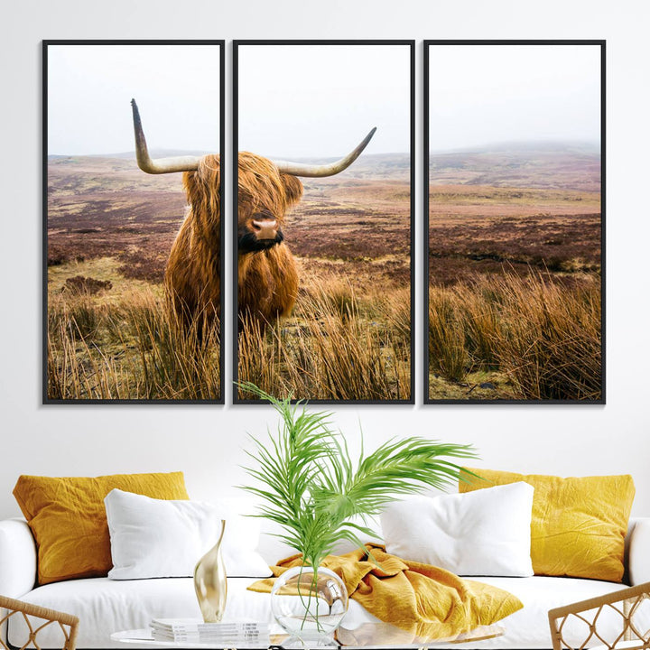 The Scottish Highland Cow Wall Art is perfect for rustic farmhouse decor, featuring misty moorland hues.