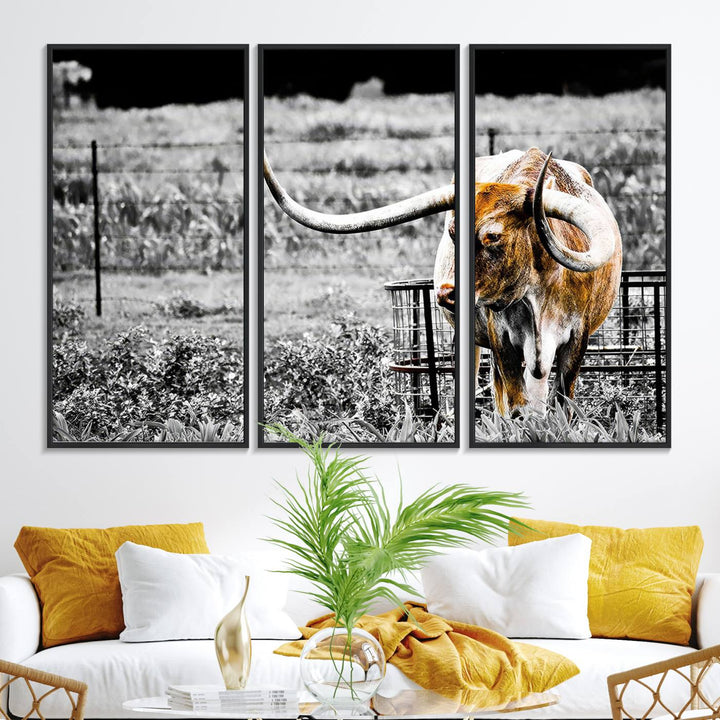 Majestic Texas Longhorn Cow Wall Art features a ready-to-hang canvas print that complements rustic farmhouse décor.