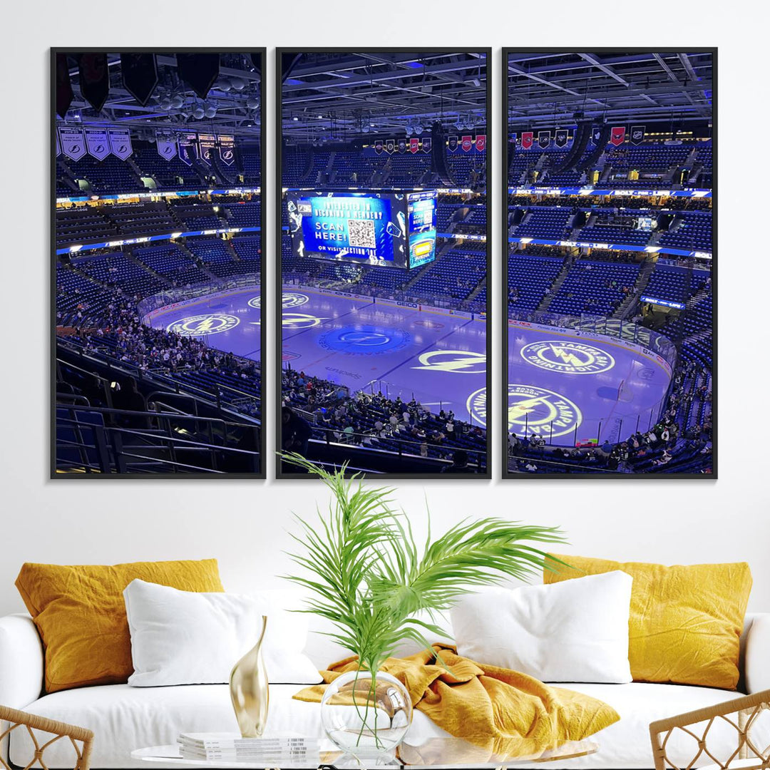 The wall art canvas print at Amalie Arena features team logos on ice, encapsulating the vibrant atmosphere of an NHL hockey stadium.