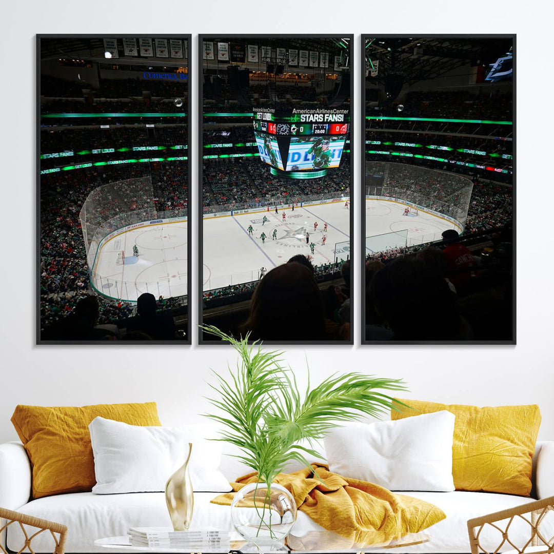 The Dallas Stars Wall Art Canvas Print is as clear as the scoreboard stats at a hockey game in a large arena with bright lights.