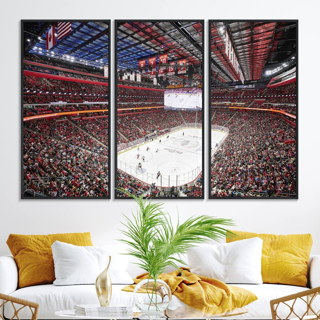 A Barton Malow canvas depicting Little Caesars Arena from above is beautifully printed in high resolution for your wall.