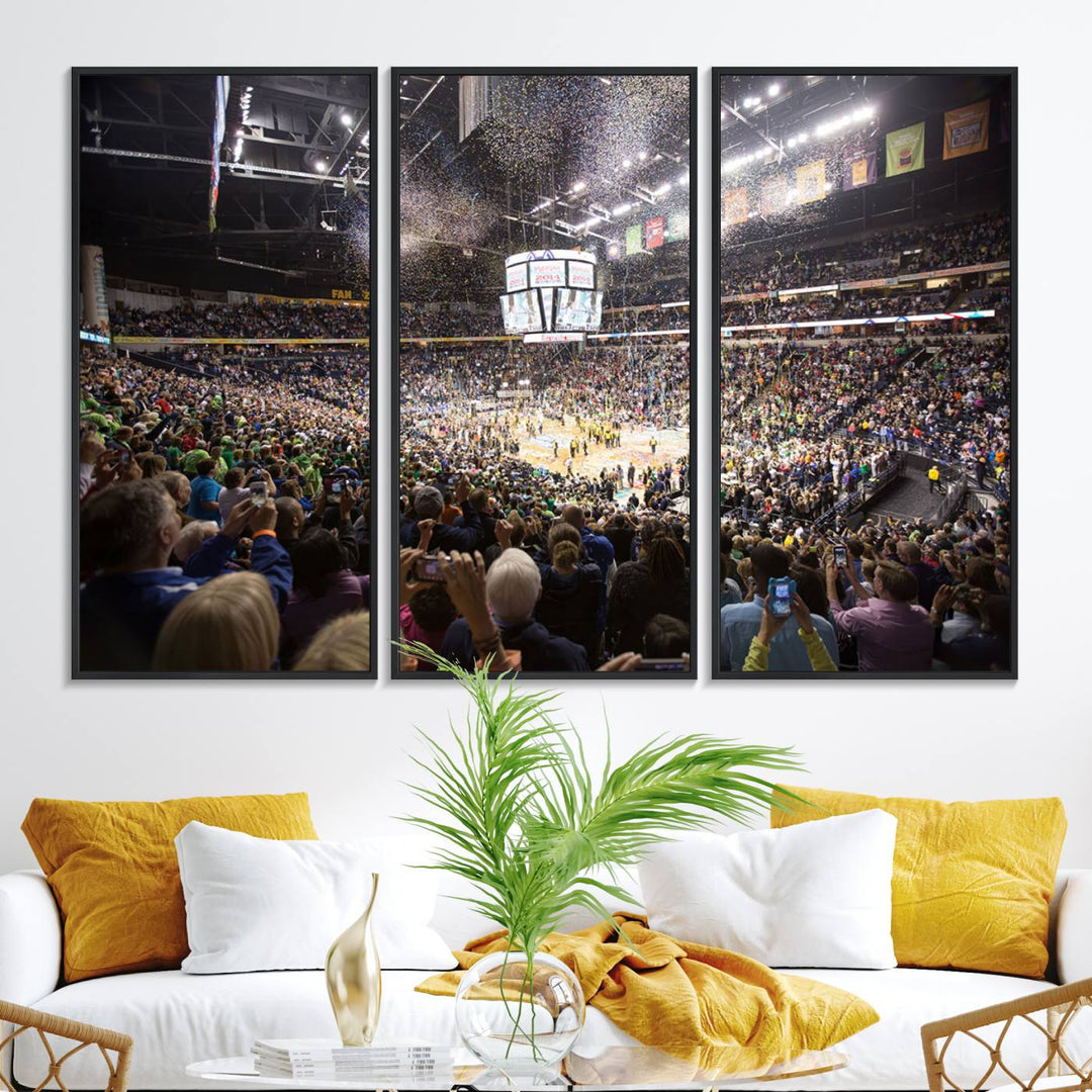 Our ready-to-hang canvas print captures the vibrant scene of the Bridgestone Arena illuminated with fans and confetti.