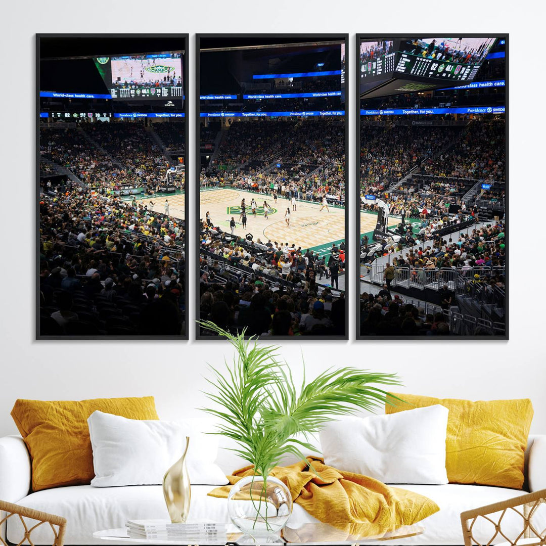 The Canvas Print of Climate Pledge Arena featuring the Seattle Kraken enhances a living room wall.