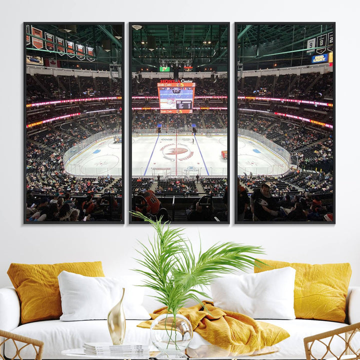 The wall art of the Honda Center California Anaheim Ducks Ice Hockey Stadium features a depiction of the rink and scoreboard from the perspective of the upper deck.