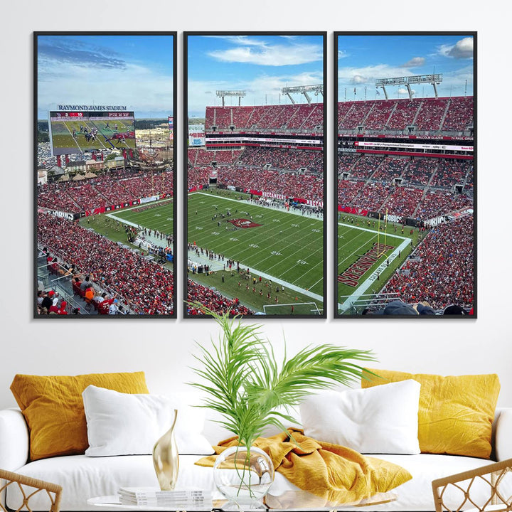 The Florida Tampa Raymond James Stadium Wall Art Canvas Print is featured above the cabinet.