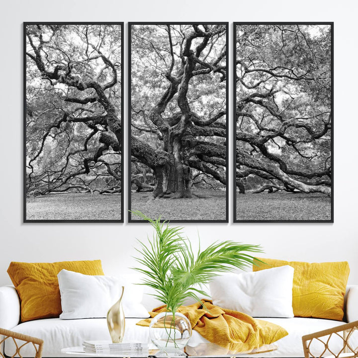 The Black White Angel Oak Tree wall art adds timeless, nature-inspired decor.