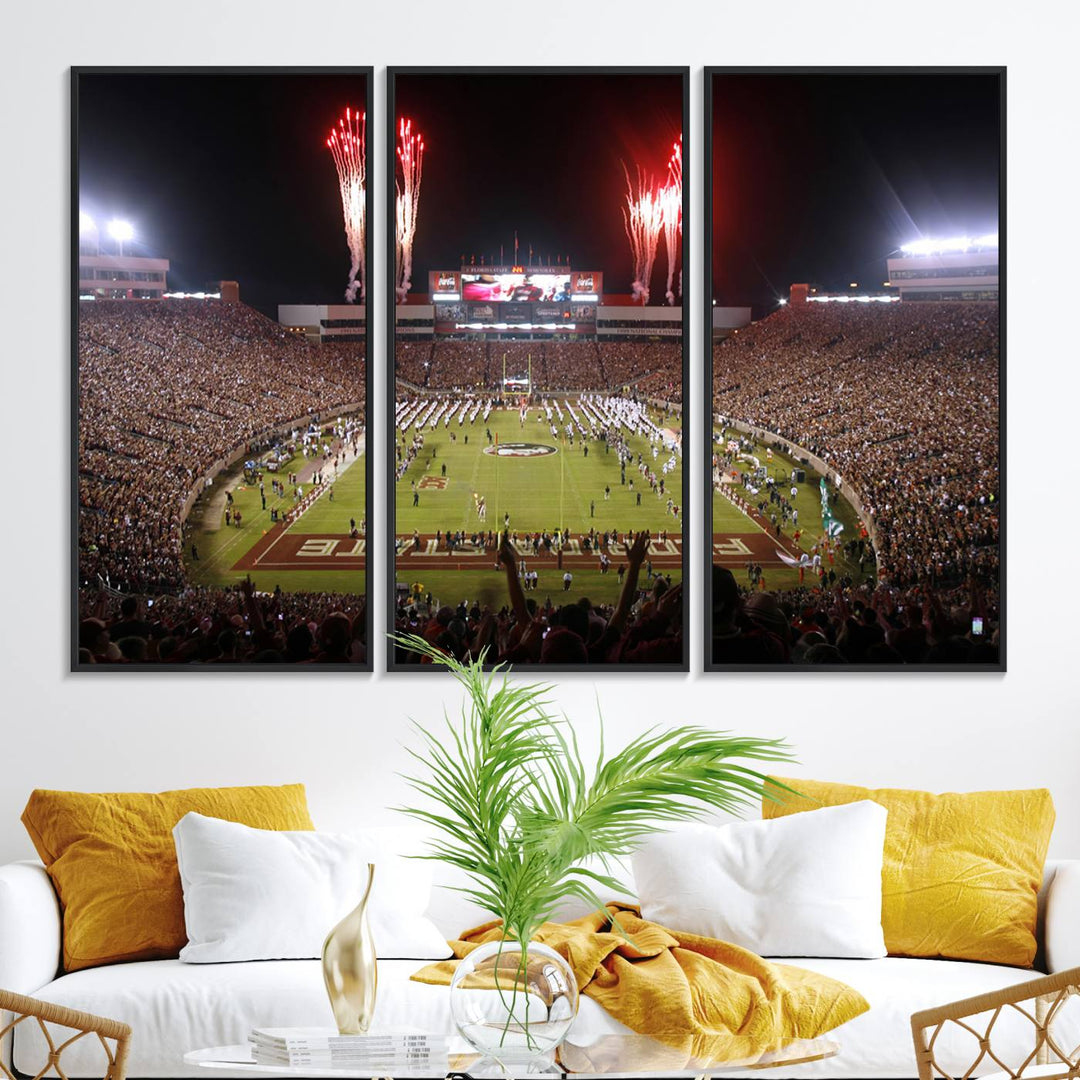 A vibrant wall art piece of the Florida State Seminoles sets a lively tone, depicting scenes filled with energy and celebration.