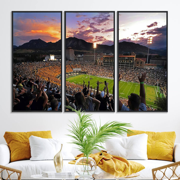 The Folsom Field Stadium Print beautifully captures the Colorado Buffaloes stadium at sunset, set against a stunning mountain backdrop.