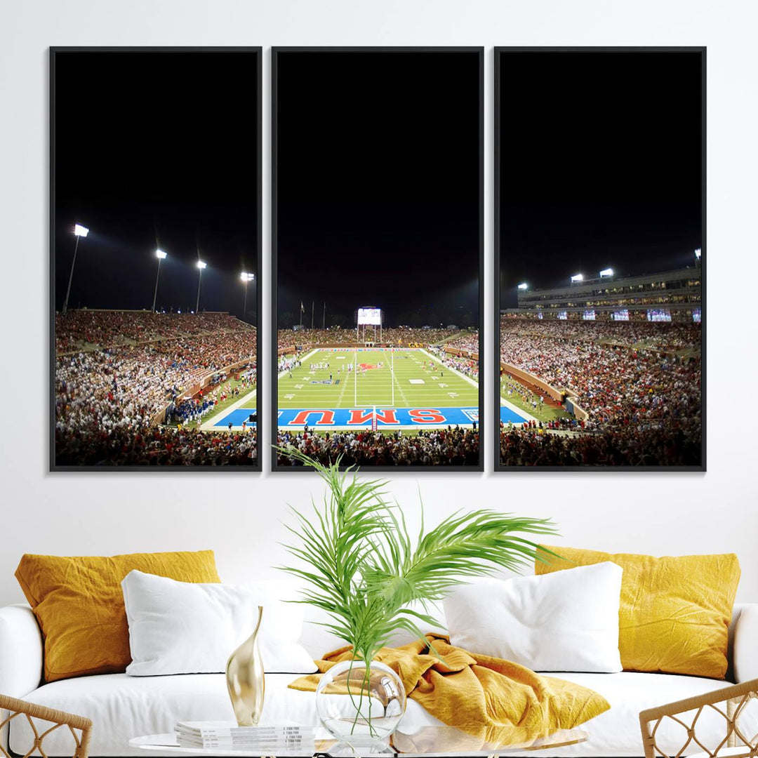 Wide-angle view of a vibrant painting depicting SMU Mustangs Football at Dallas Gerald J. Ford Stadium, capturing the energy and excitement of a filled stadium and brightly lit field.