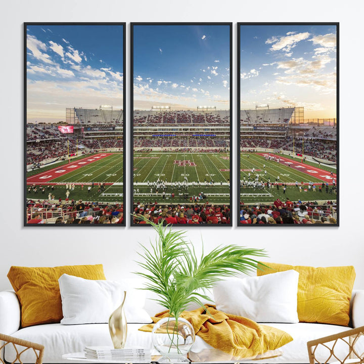 A Houston Cougars print of TDECU Stadium with a game crowd beautifully enhances the living room decor.