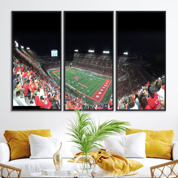 The wall art canvas print features a scene from a packed TDECU Stadium at night, highlighting the field and scoreboard.