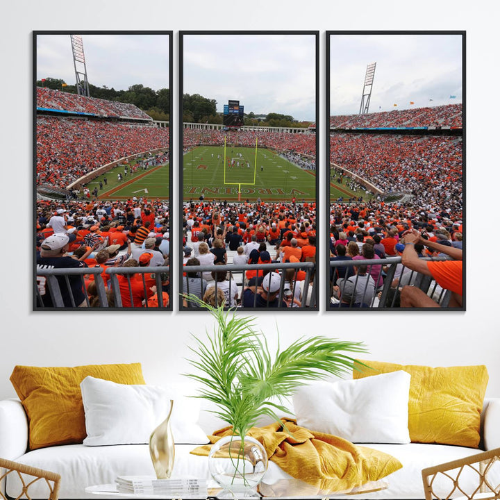 The Virginia Cavaliers Wall Art Canvas Print features a thrilling game at Scott Stadium surrounded by greenery.