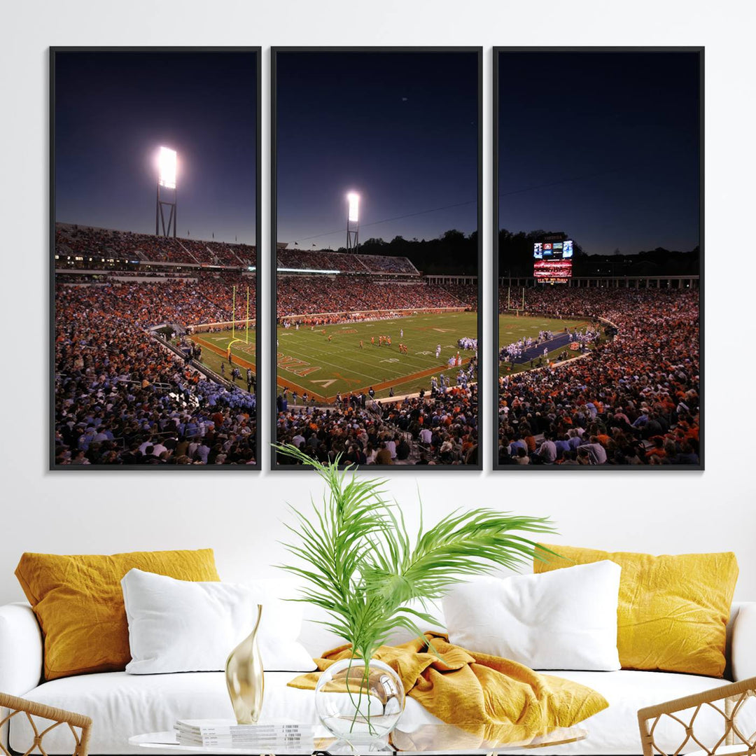 A nighttime game at Scott Stadium, floodlit—a scene from the Virginia Cavaliers Football art print.