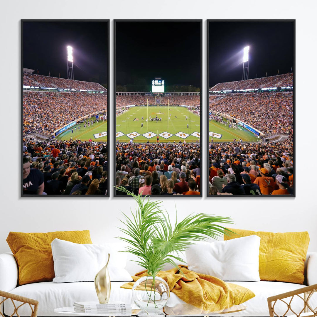 A Virginia Cavaliers Wall Art Canvas Print captures Scott Stadium filled with fans under the night sky.