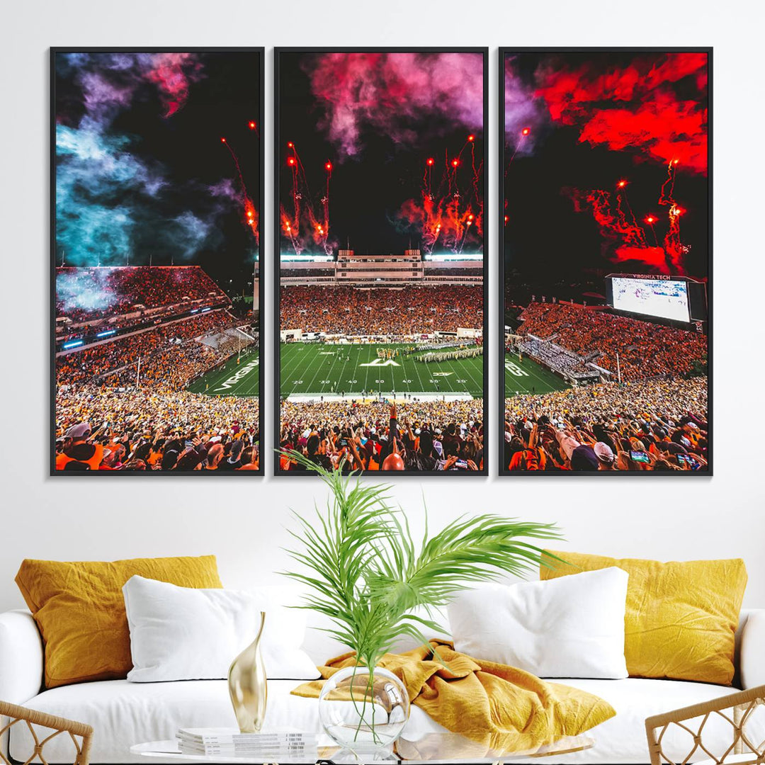 A Hokies football canvas print displays Lane Stadium at night with fireworks.