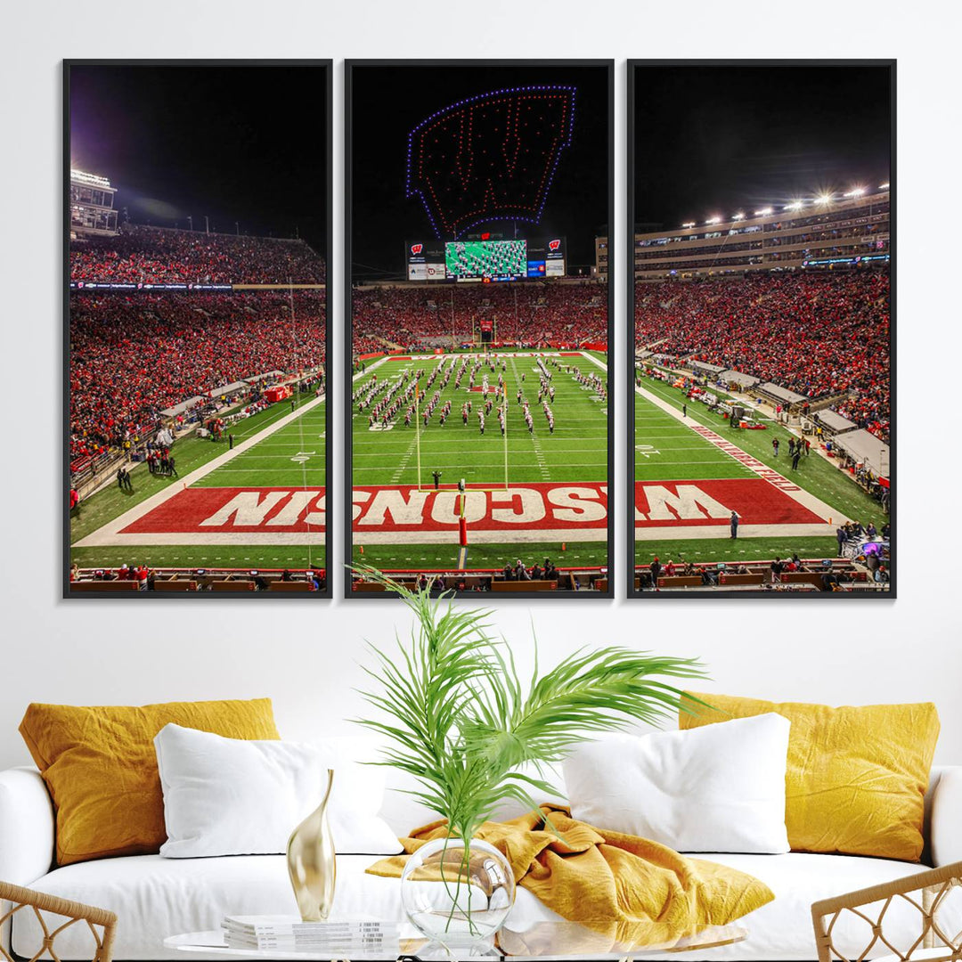 A premium canvas print captures a vibrant scene of Camp Randall Stadium featuring a lively football game with cheering fans and the energetic movements of the band.