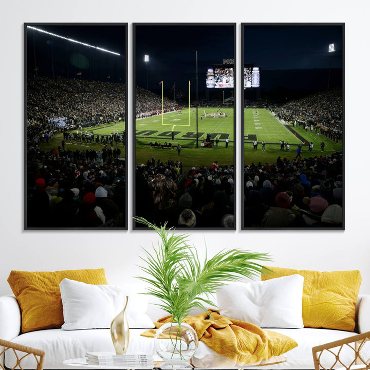 A Purdue Boilermakers canvas print beautifully showcases Ross–Ade Stadium in West Lafayette, vibrant with fans and a large screen display.