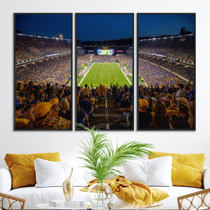 A Pittsburgh Panthers Acrisure Stadium canvas print captures the thrill of a packed stadium under lights and fans cheering.