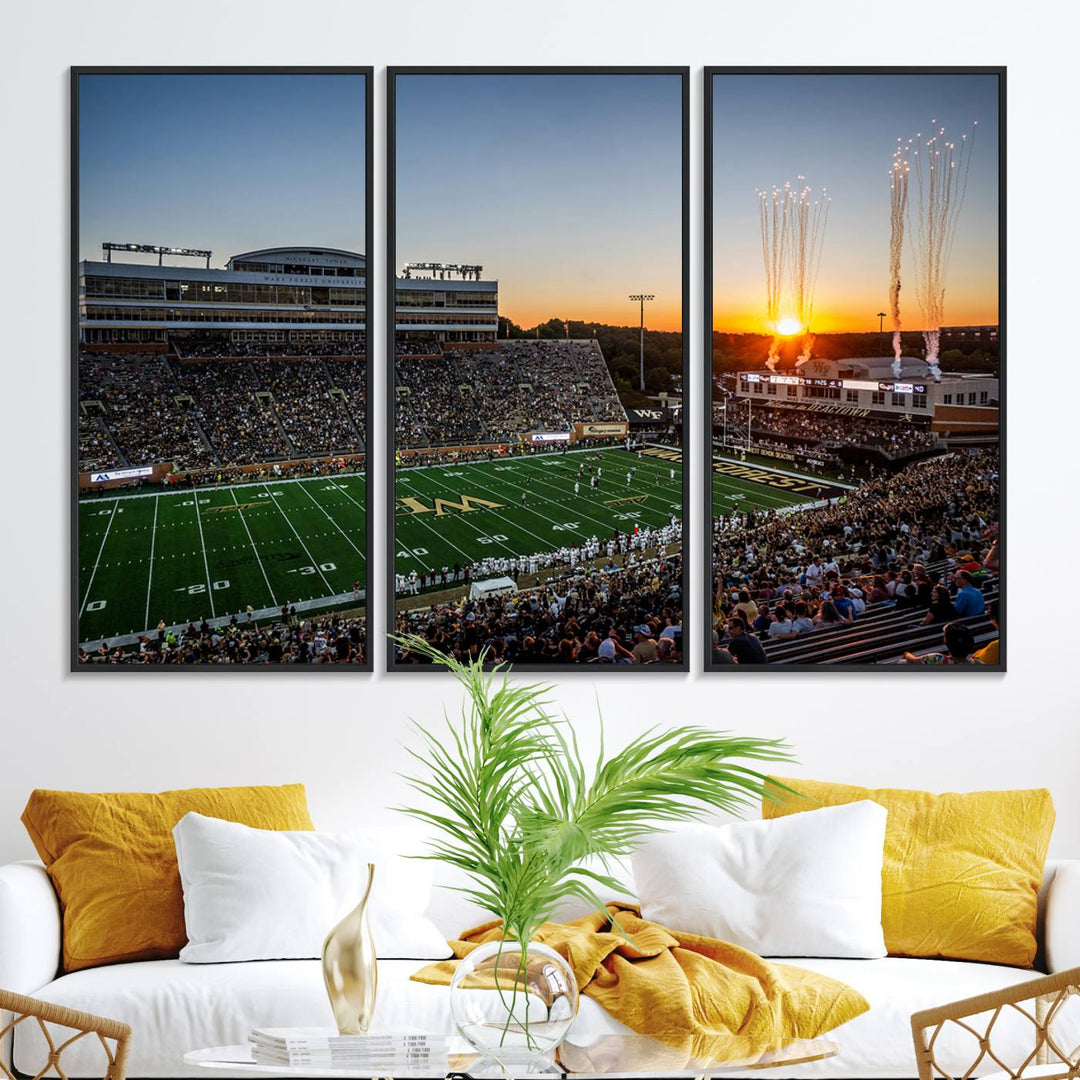 Canvas wall art print depicting the Demon Deacons football stadium at sunset with fireworks.