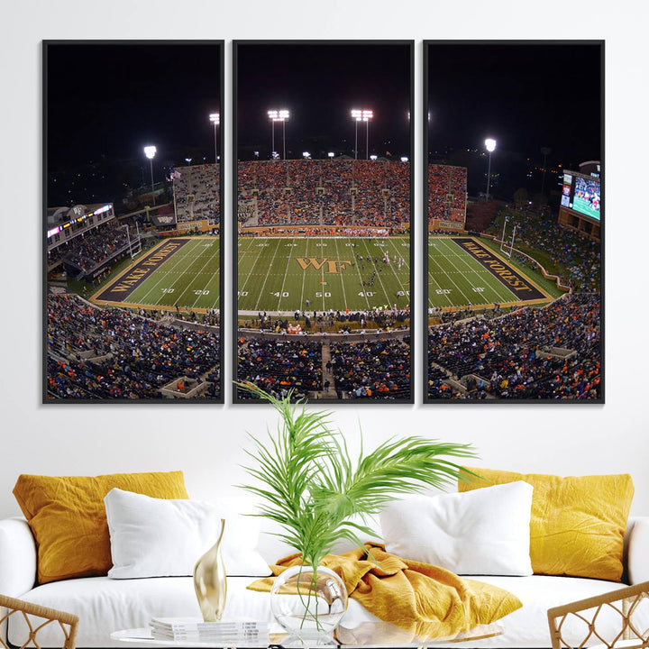 The Demon Deacons stadium print captures a brightly lit, bustling scene on museum-quality canvas.