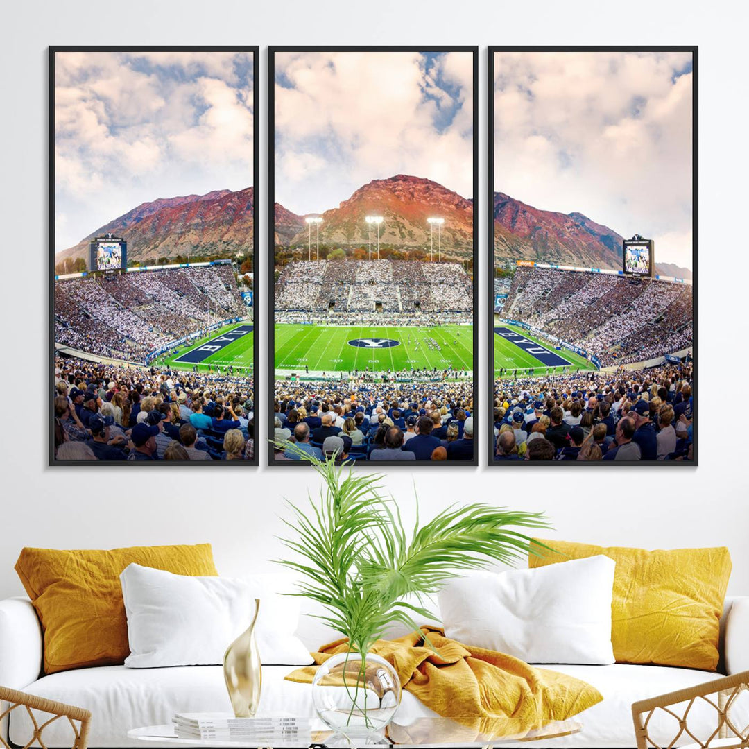 A museum-quality canvas featuring BYU Cougars Football at LaVell Edwards Stadium with a stunning mountain view.