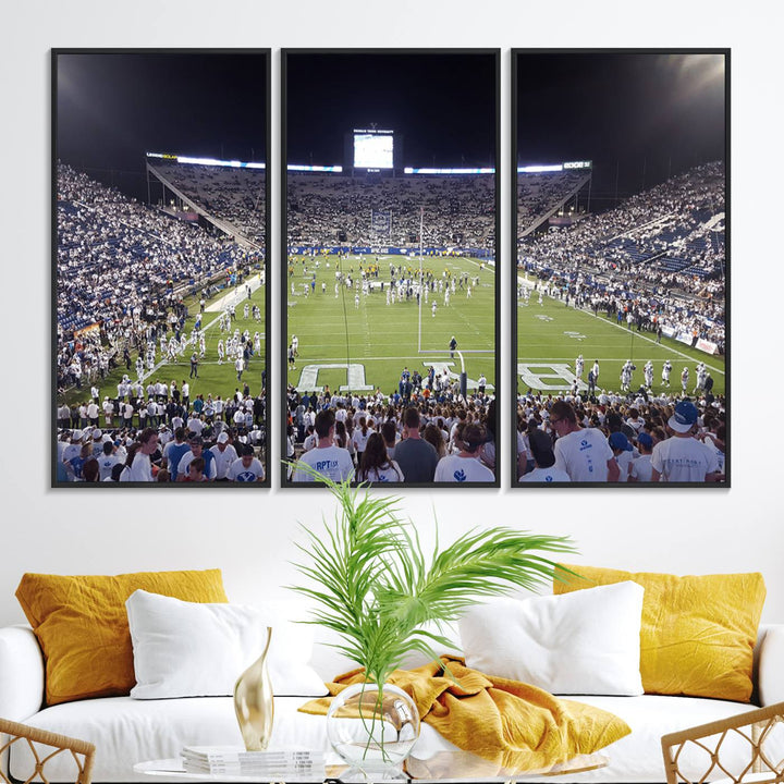 The wall art is a premium canvas of LaVell Edwards Stadium, offering a gallery-quality finish that showcases BYU Cougars pride.