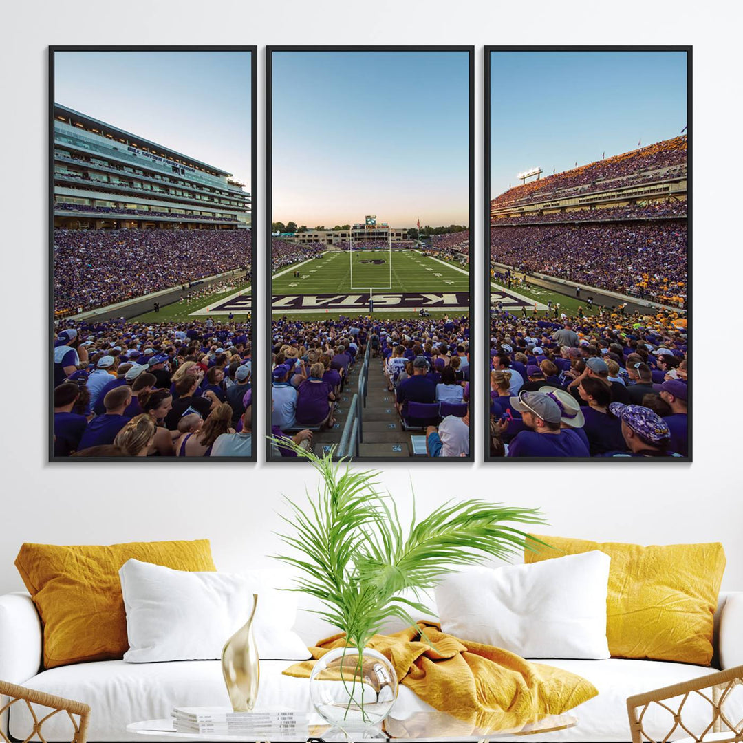 Sunset view of fans in purple at Bill Snyder Family Stadium, captured in a stunning gallery wall art canvas, perfect for a modern living room or office.