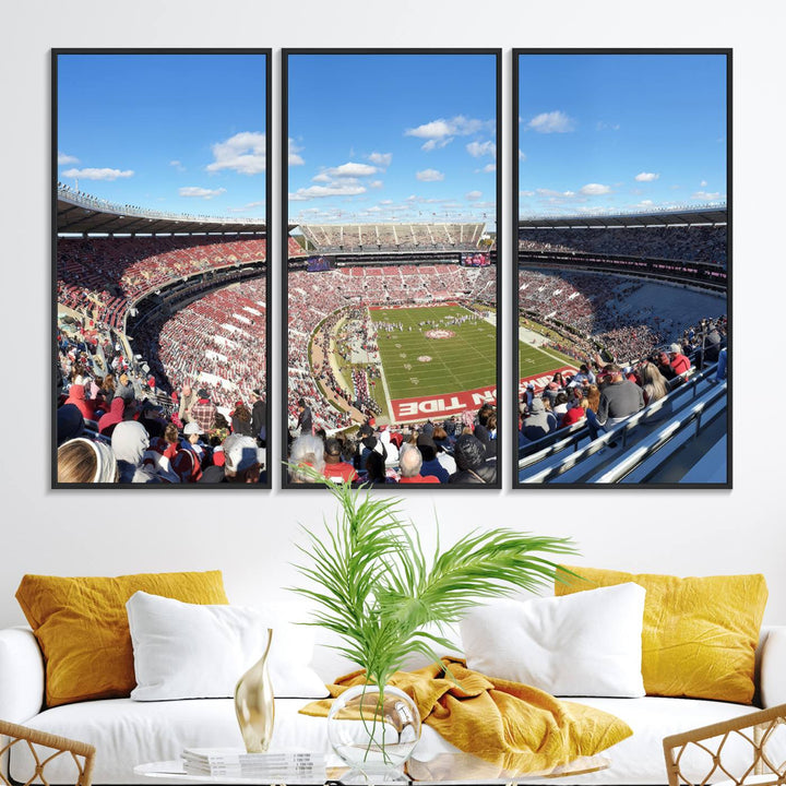 Canvas print of Alabama Crimson Tides Bryant-Denny Stadium, showcasing a sunlit field under a blue sky.