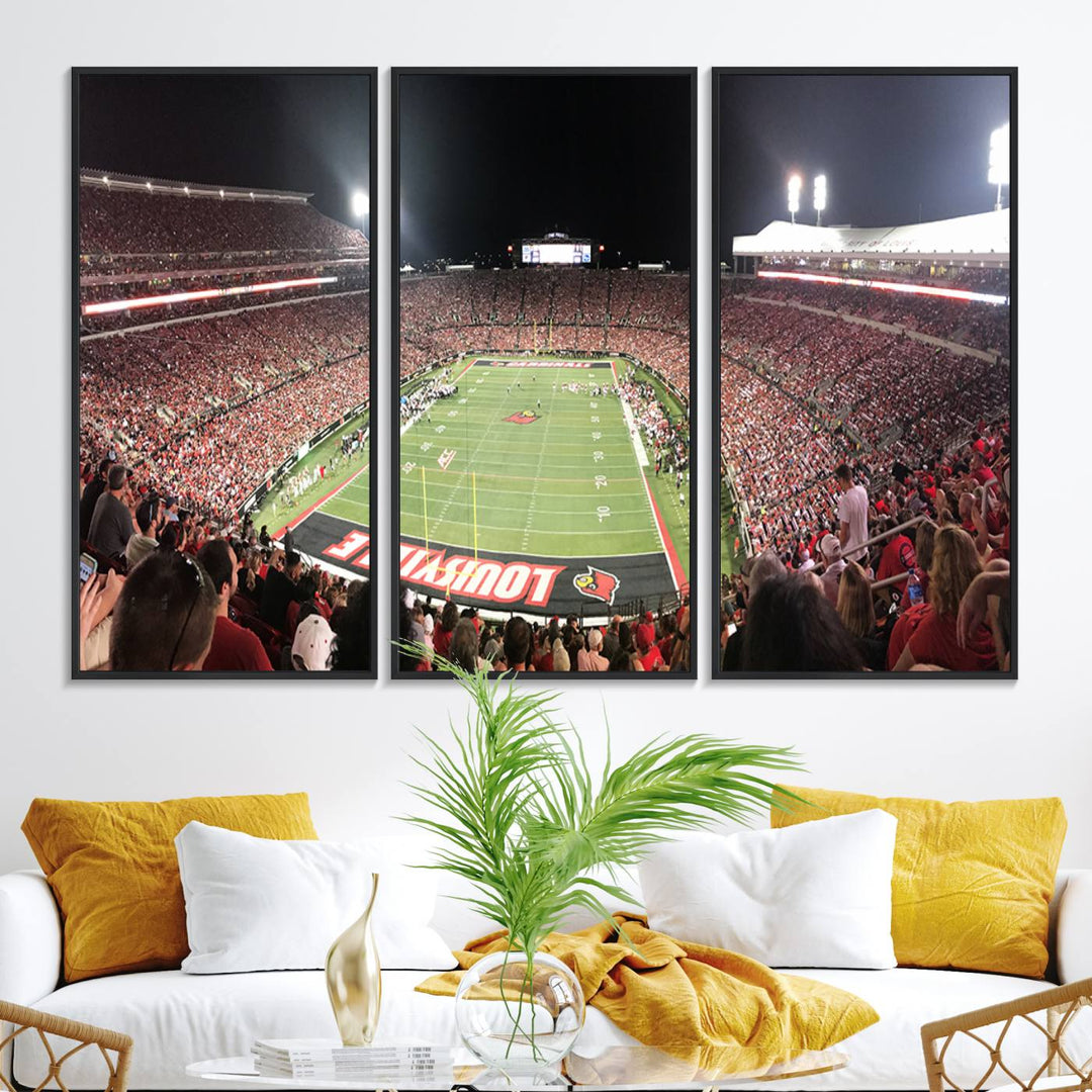 Panoramic view of a crowded football stadium with Louisville in the end zone, crafted as University of Louisville wall art.