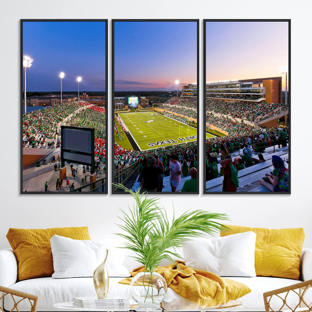 The canvas features Denton DATCU Stadium, OZEKI FIELD, illuminated under the lights and vibrant with fans supporting the University of North Texas.