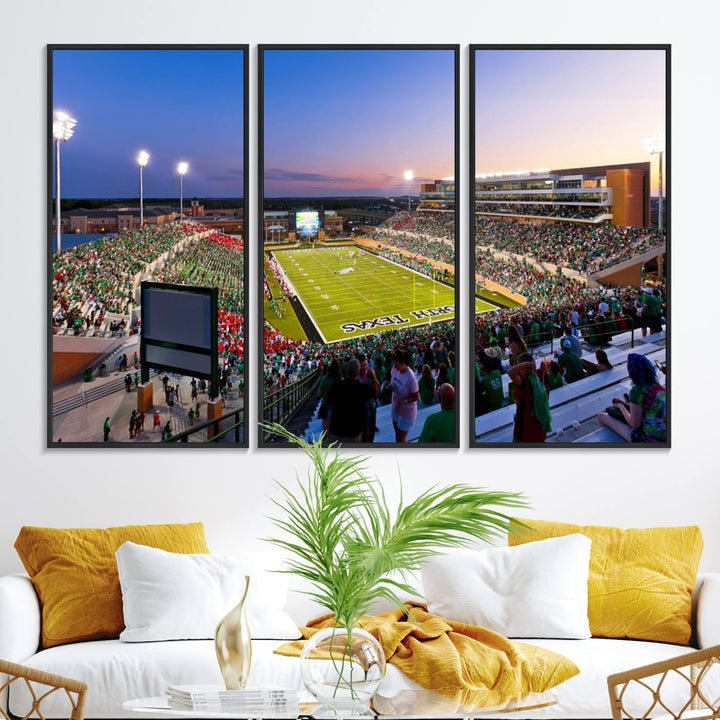 Aerial view of University of North Texas DATCU Stadium at sunset on canvas, showcasing a colorful sky.