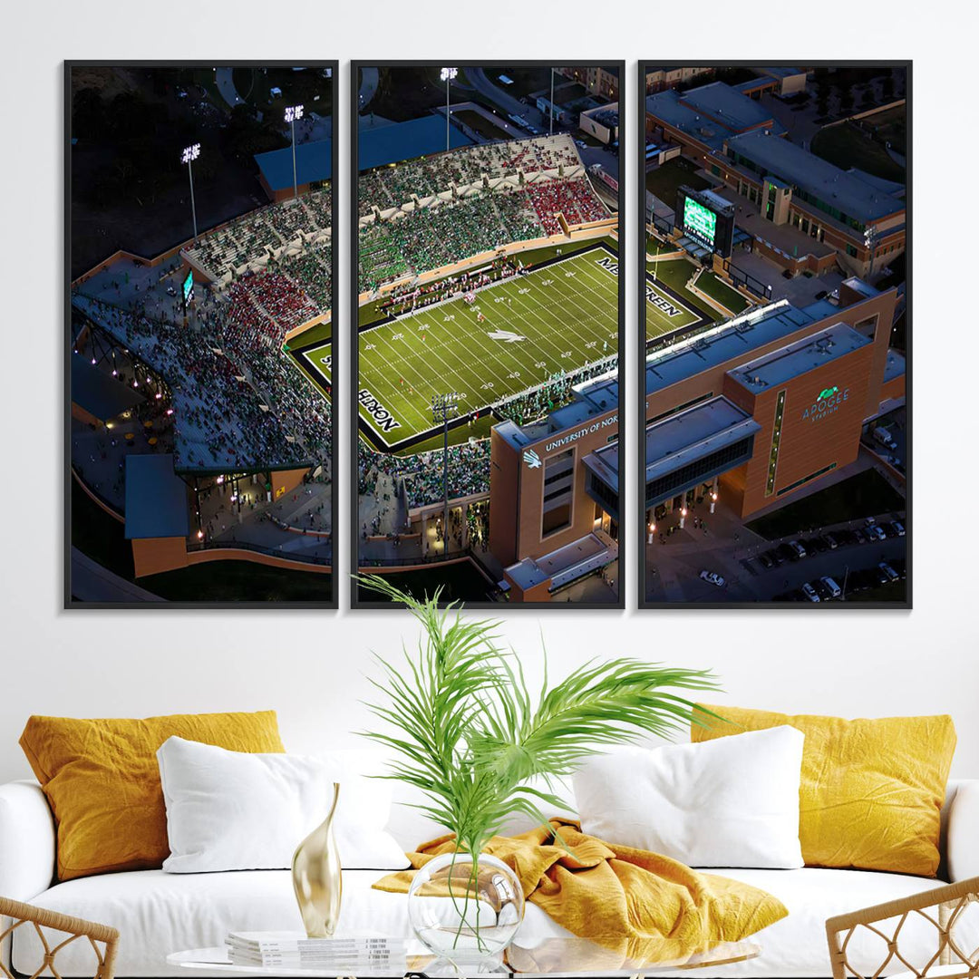 Night aerial view of fans at UNT Mean Green game captured on premium DATCU Stadium canvas wall art print.